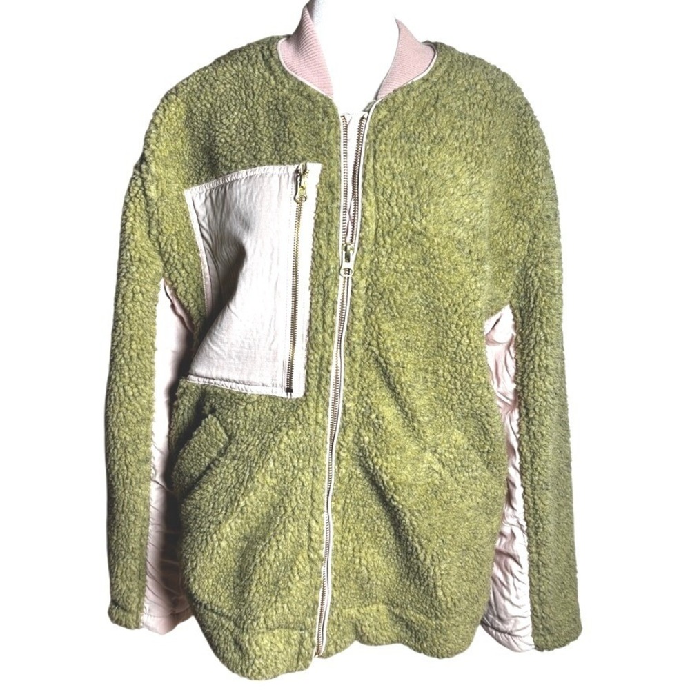We The Free People Med Teddy Bear Fleece Oversized Bomber Jacket Green Pink Zip